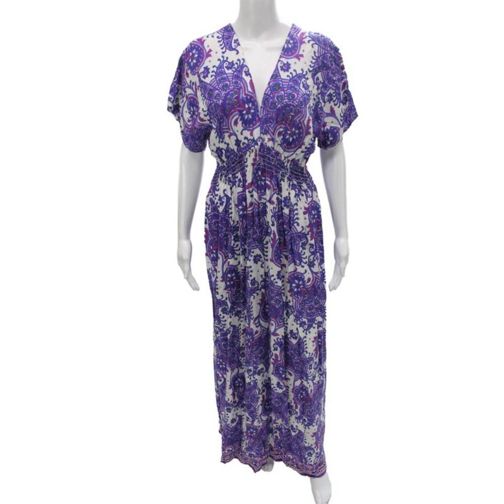 Michael Michael Kors Women Kaftan Maxi Dress Purple Paisley V-Neck Size L
